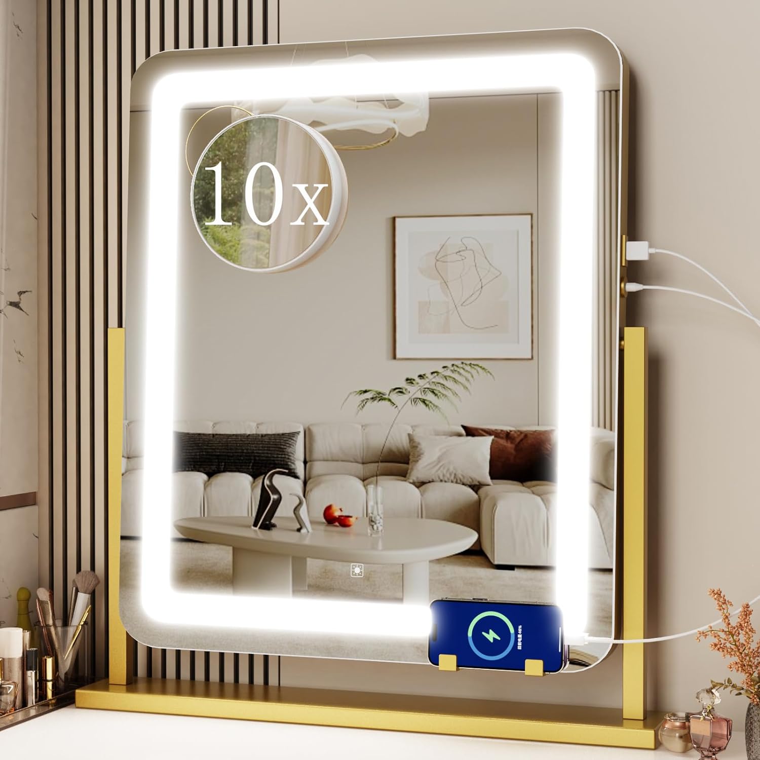Makeup Vanity Mirror with Lights 15.2" Large LED Lighted Mirror, Hollywood Make Up Mirror with Lighting for Bedroom Tabletop, Smart Touch,Detachable 10X Magnification 360° Rotation, (White) - Grand Goldman