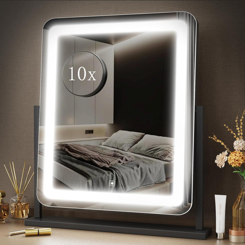 Makeup Vanity Mirror with Lights 15.2" Large LED Lighted Mirror, Hollywood Make Up Mirror with Lighting for Bedroom Tabletop, Smart Touch,Detachable 10X Magnification 360° Rotation, (White) - Grand Goldman