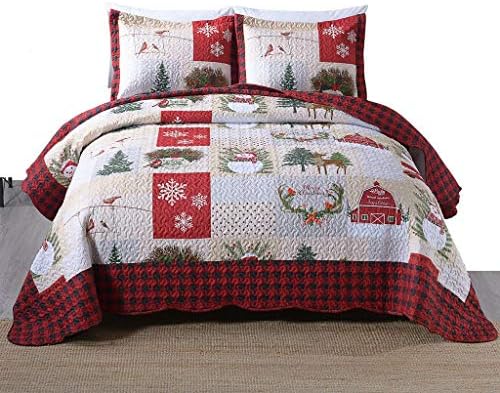 MarCielo 3 Piece Christmas Quilt Set, Rustic Lodge Deer Quilt Bedspread Throw Blanket Lightweight Bedspread Coverlet Comforter Set (Hello Winter, King) - Grand Goldman