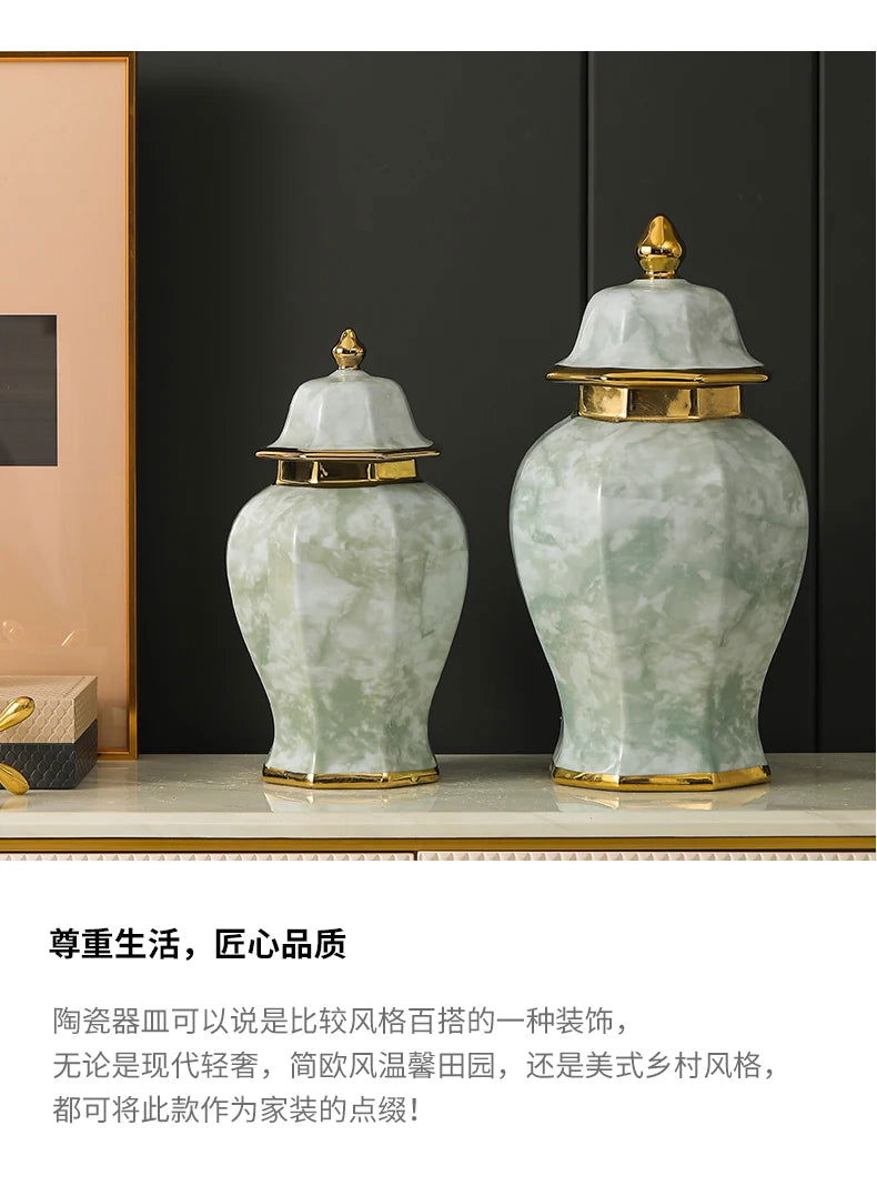 Marble General Jar Porcelain Ginger Jar Sealed Storage Tank Flower Vase Artwork Decorations Home Furnishing Decoration - Grand Goldman