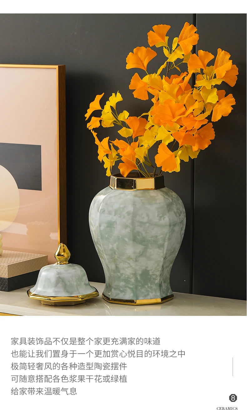 Marble General Jar Porcelain Ginger Jar Sealed Storage Tank Flower Vase Artwork Decorations Home Furnishing Decoration - Grand Goldman