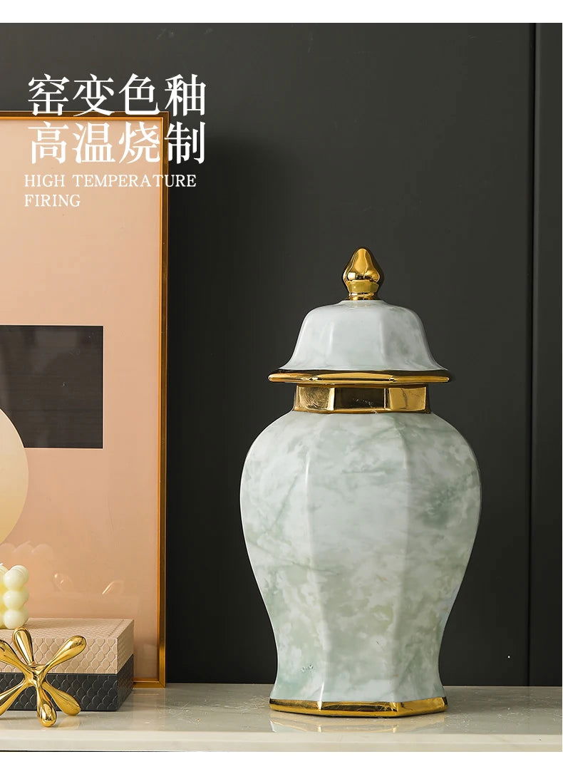 Marble General Jar Porcelain Ginger Jar Sealed Storage Tank Flower Vase Artwork Decorations Home Furnishing Decoration - Grand Goldman