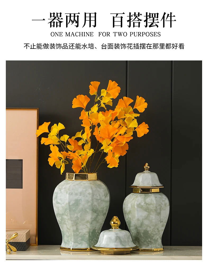 Marble General Jar Porcelain Ginger Jar Sealed Storage Tank Flower Vase Artwork Decorations Home Furnishing Decoration - Grand Goldman