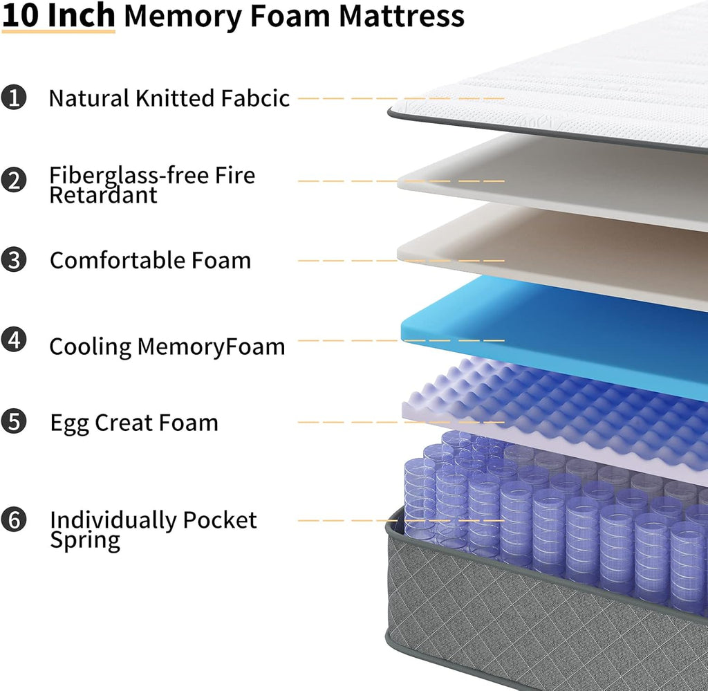 Mattress Double Mattress, 10 Inch Hybrid Memory Foam Firm Full Size Mattress with Hybrid Full Bed Mattress in a Box Pressure Relief & Supportive Full Size Mattress - Grand Goldman