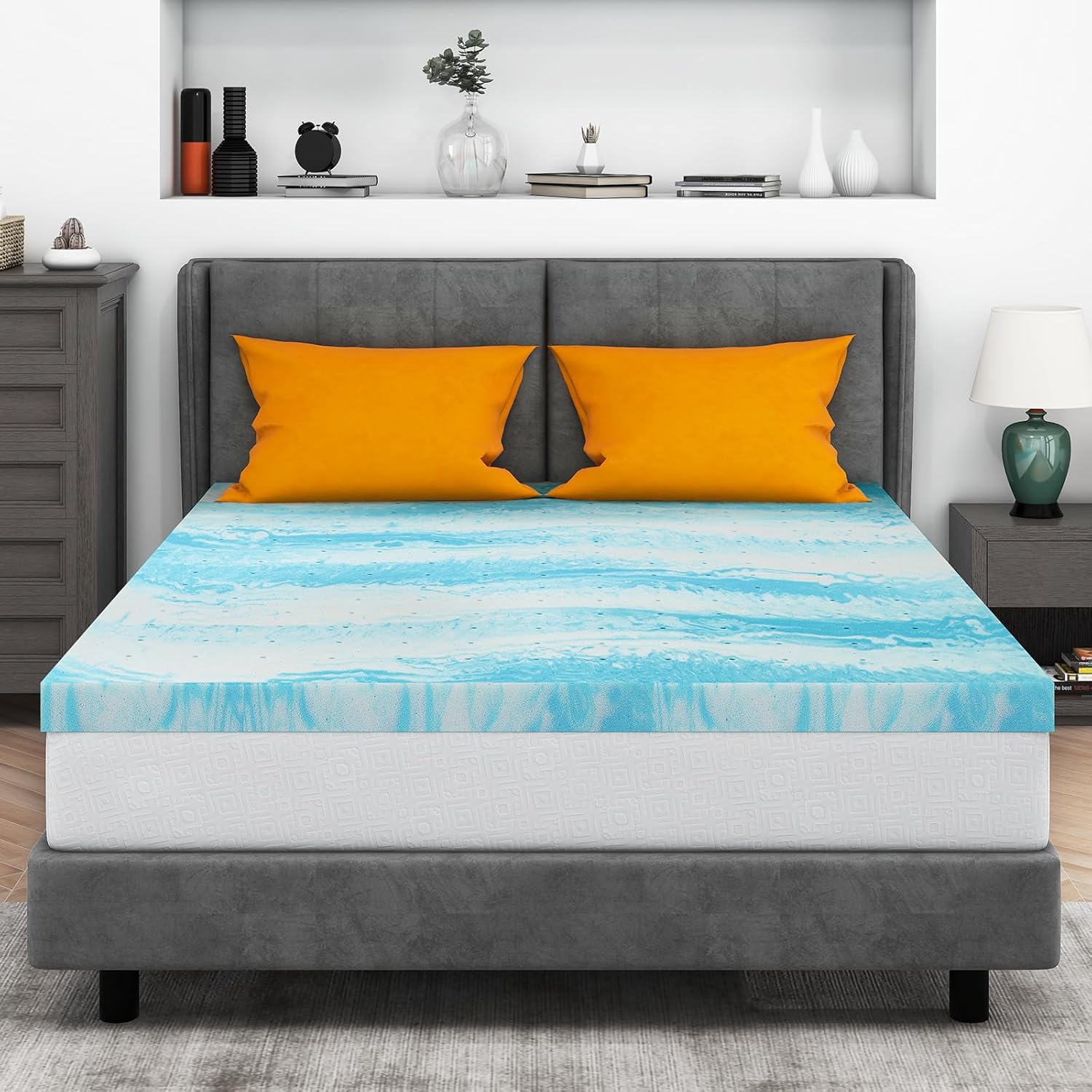 Mattress Topper Queen, 3 Inch Gel Memory Foam Bed Topper for Queen Size Bed, CertiPUR-US Certified, Blue - Grand Goldman