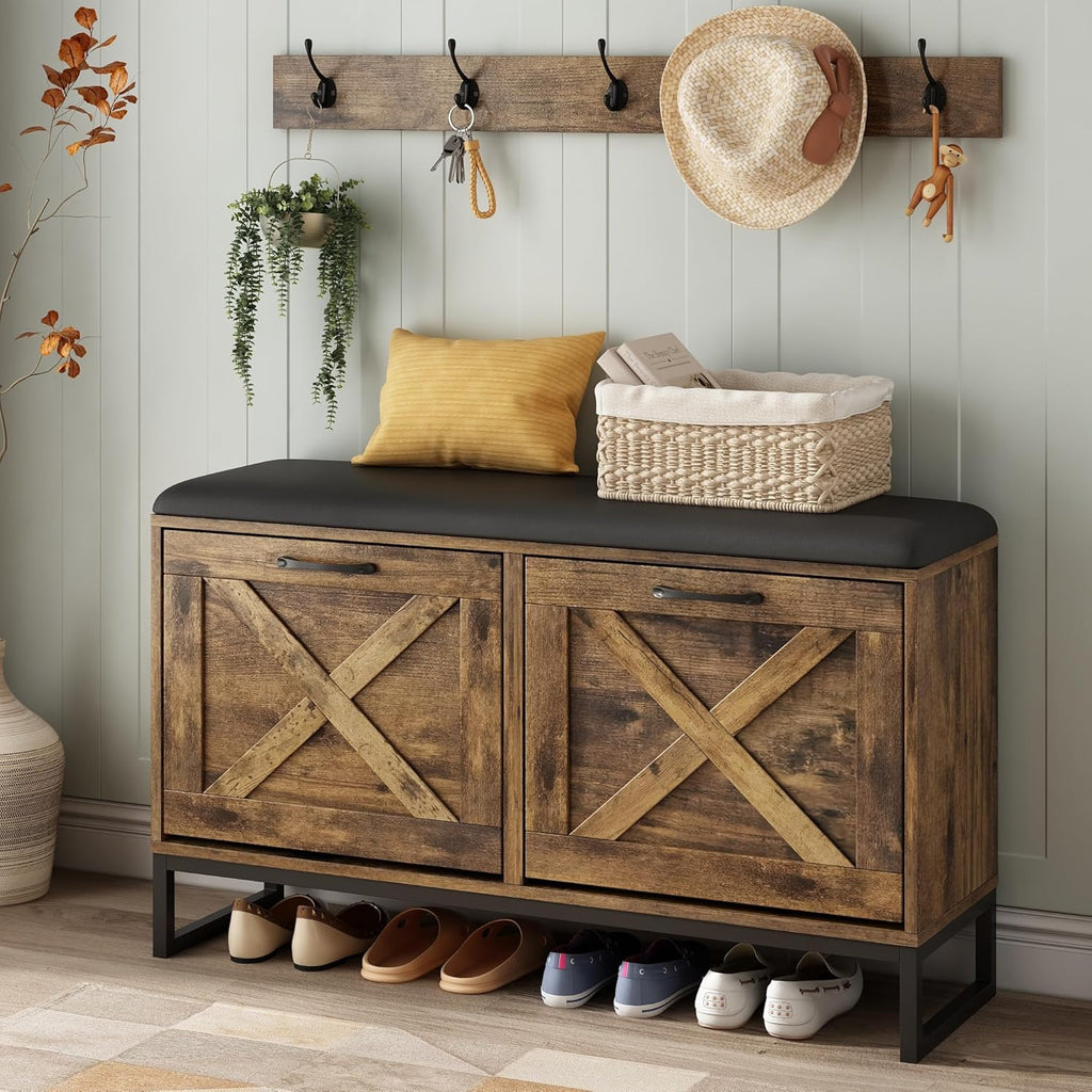 Maupvit Shoe Cabinet with 2 Flip Drawers & Coat Rack, Shoe Storage Bench with Seat Cushion for Entryway, 5 Large Sturdy Metal Hooks - with Locking Wall Parts, Rustic Brown - Grand Goldman