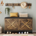 Maupvit Shoe Cabinet with 2 Flip Drawers & Coat Rack, Shoe Storage Bench with Seat Cushion for Entryway, 5 Large Sturdy Metal Hooks - with Locking Wall Parts, Rustic Brown - Grand Goldman