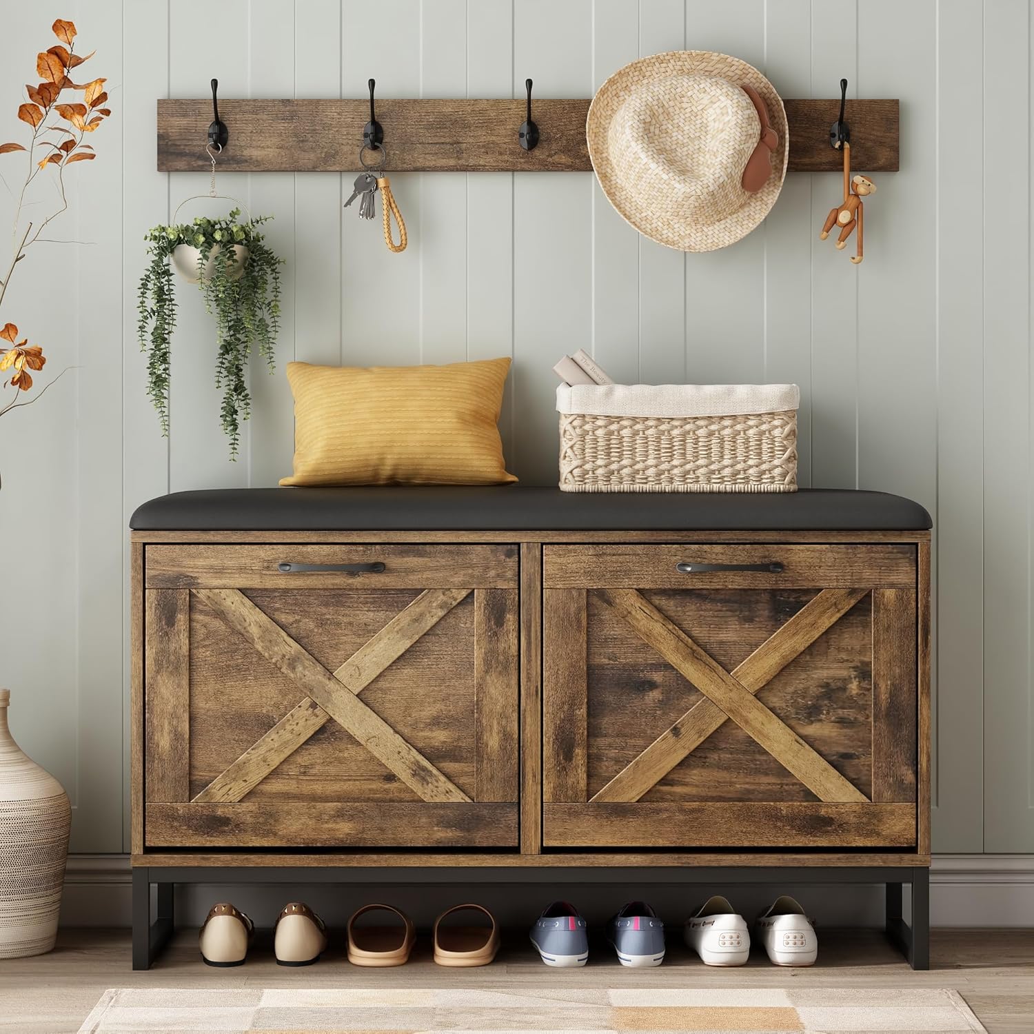 Maupvit Shoe Cabinet with 2 Flip Drawers & Coat Rack, Shoe Storage Bench with Seat Cushion for Entryway, 5 Large Sturdy Metal Hooks - with Locking Wall Parts, Rustic Brown - Grand Goldman