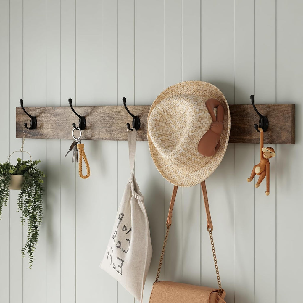 Maupvit Shoe Cabinet with 2 Flip Drawers & Coat Rack, Shoe Storage Bench with Seat Cushion for Entryway, 5 Large Sturdy Metal Hooks - with Locking Wall Parts, Rustic Brown - Grand Goldman