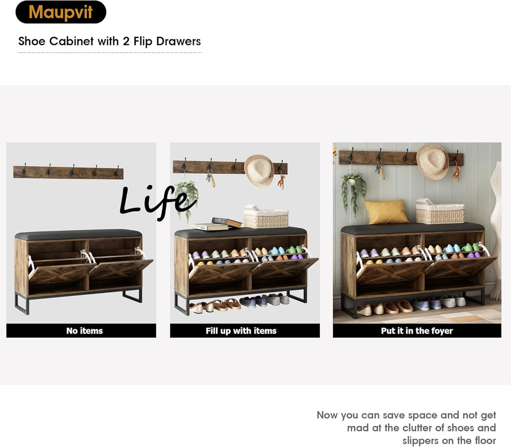 Maupvit Shoe Cabinet with 2 Flip Drawers & Coat Rack, Shoe Storage Bench with Seat Cushion for Entryway, 5 Large Sturdy Metal Hooks - with Locking Wall Parts, Rustic Brown - Grand Goldman