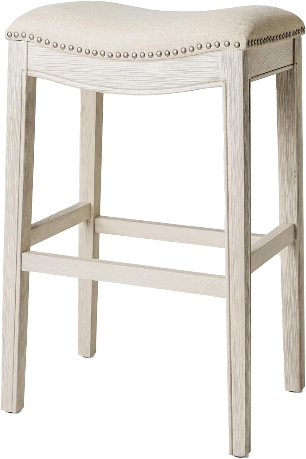 Maven Lane Adrien 26 Inch Counter Height Upholstered Backless Saddle Barstool in Natural Wood Finish with Wheat Cream Fabric Cushion Seat - Grand Goldman