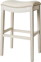 Maven Lane Adrien 26 Inch Counter Height Upholstered Backless Saddle Barstool in Natural Wood Finish with Wheat Cream Fabric Cushion Seat - Grand Goldman