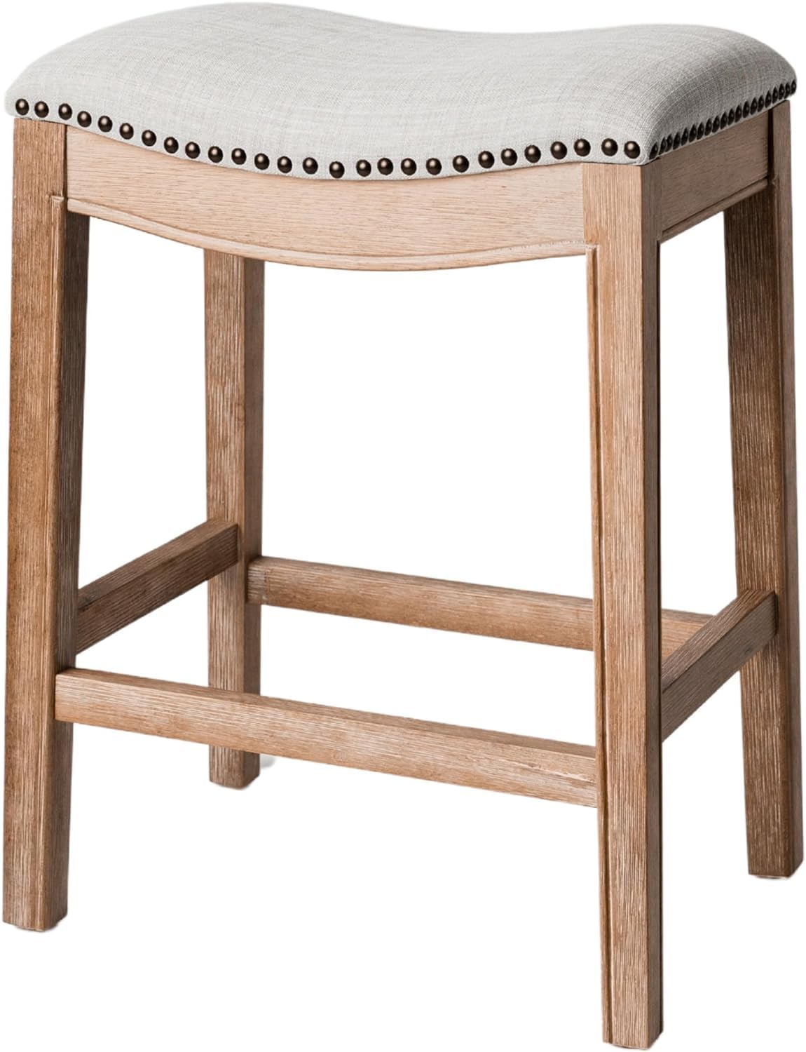 Maven Lane Adrien 26 Inch Counter Height Upholstered Backless Saddle Barstool in Natural Wood Finish with Wheat Cream Fabric Cushion Seat - Grand Goldman