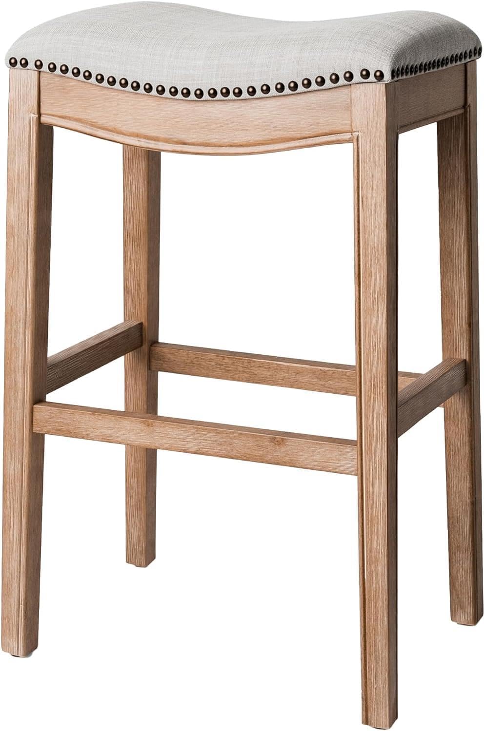 Maven Lane Adrien 26 Inch Counter Height Upholstered Backless Saddle Barstool in Natural Wood Finish with Wheat Cream Fabric Cushion Seat - Grand Goldman