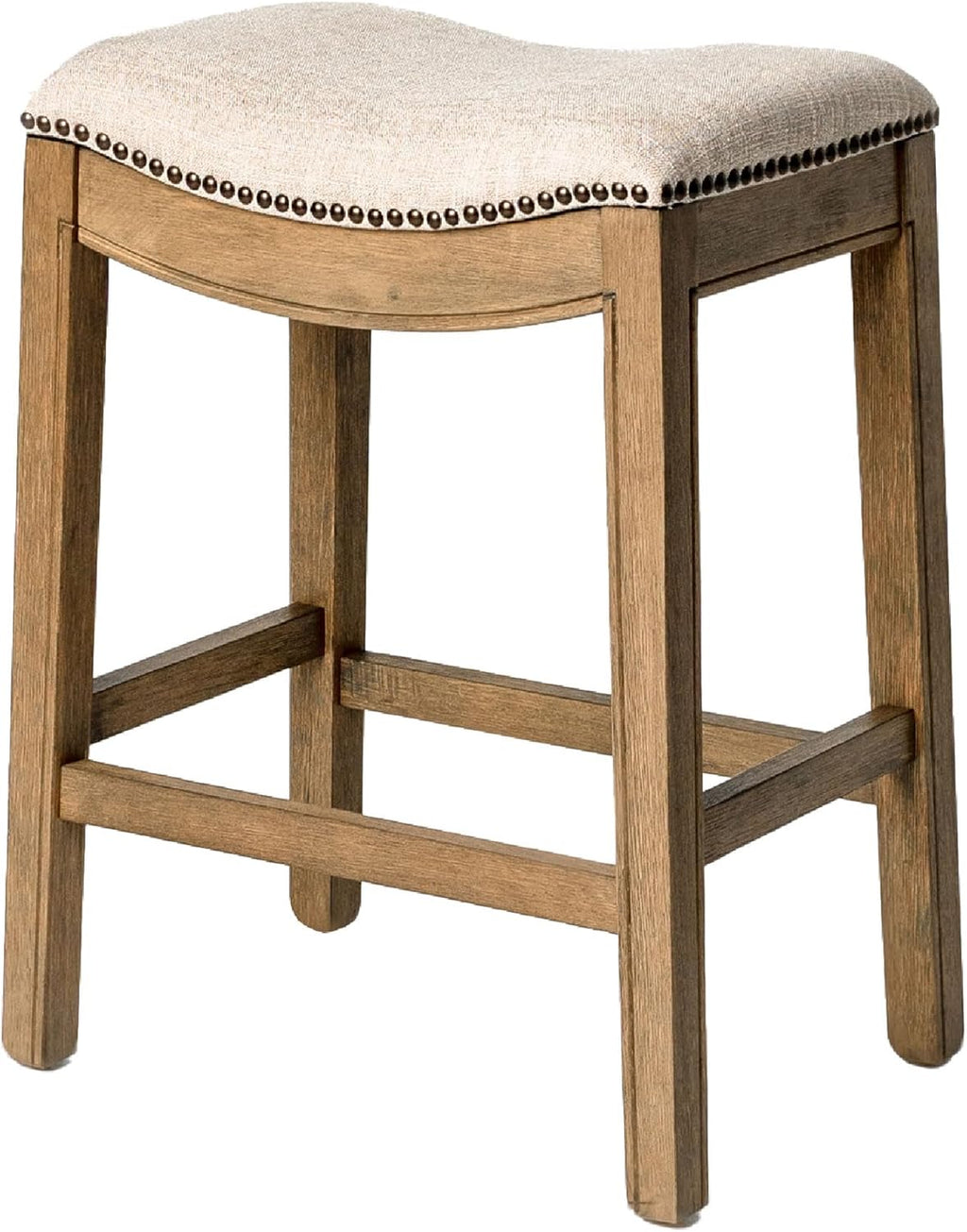 Maven Lane Adrien 26 Inch Counter Height Upholstered Backless Saddle Barstool in Natural Wood Finish with Wheat Cream Fabric Cushion Seat - Grand Goldman