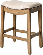 Maven Lane Adrien 26 Inch Counter Height Upholstered Backless Saddle Barstool in Natural Wood Finish with Wheat Cream Fabric Cushion Seat - Grand Goldman