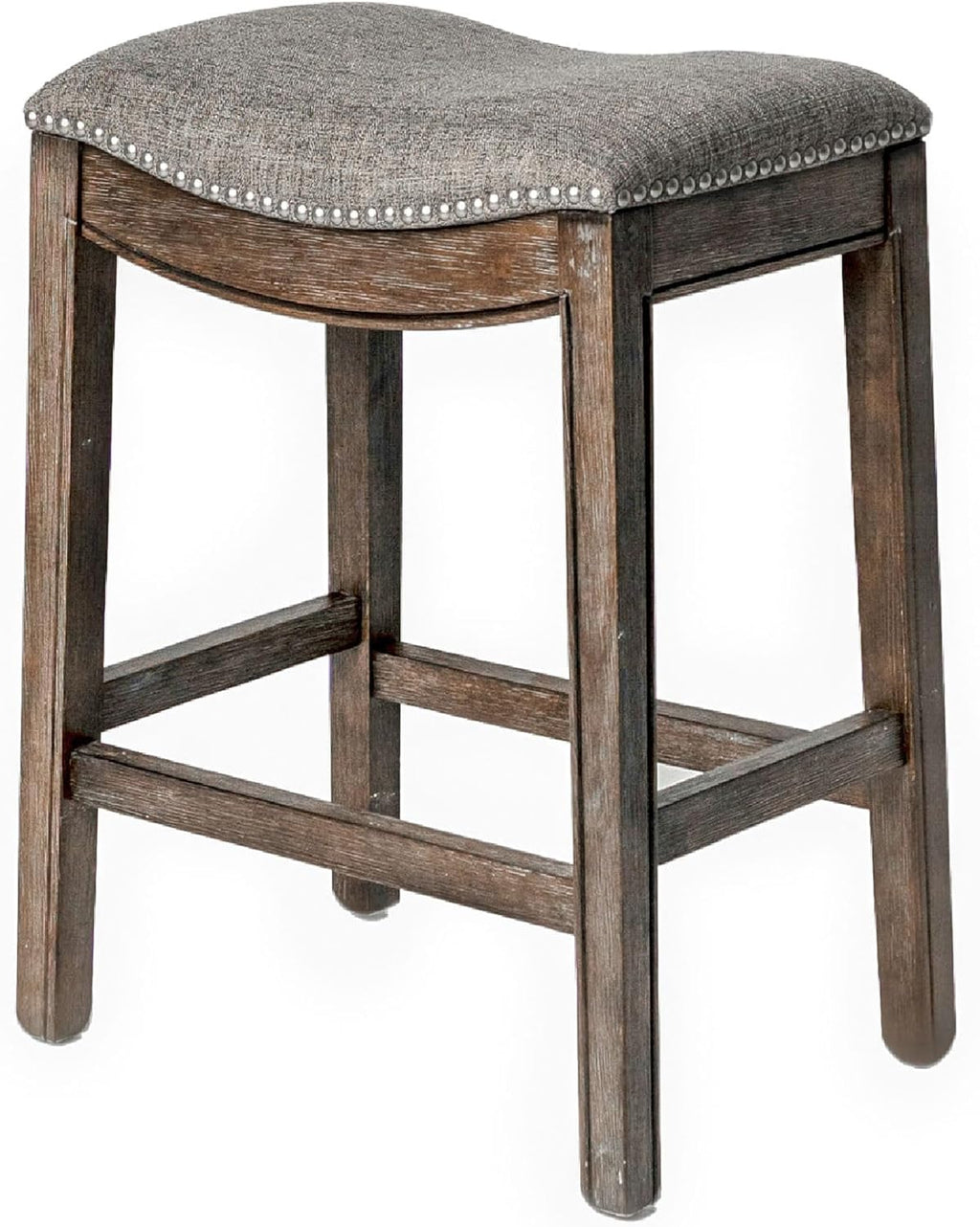 Maven Lane Adrien 26 Inch Counter Height Upholstered Backless Saddle Barstool in Natural Wood Finish with Wheat Cream Fabric Cushion Seat - Grand Goldman