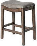 Maven Lane Adrien 26 Inch Counter Height Upholstered Backless Saddle Barstool in Natural Wood Finish with Wheat Cream Fabric Cushion Seat - Grand Goldman