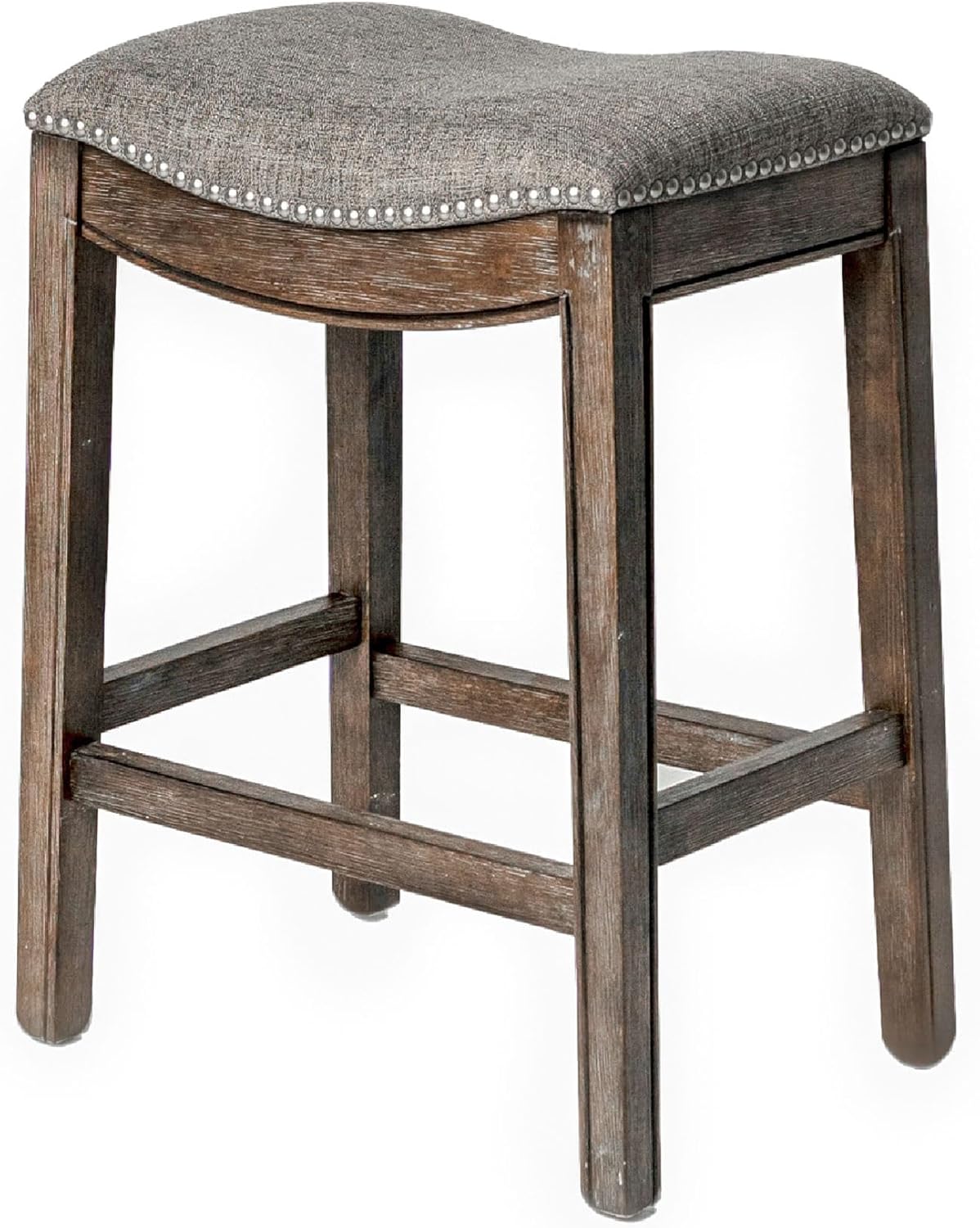 Maven Lane Adrien 26 Inch Counter Height Upholstered Backless Saddle Barstool in Natural Wood Finish with Wheat Cream Fabric Cushion Seat - Grand Goldman