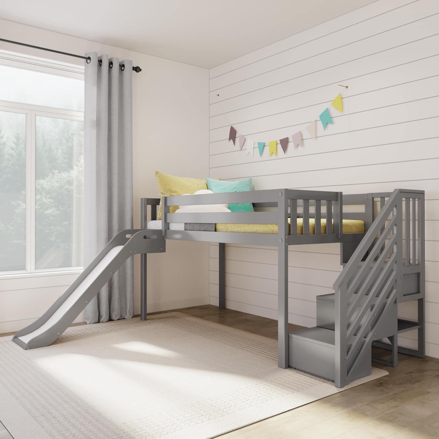 Max & Lily Twin Size Low Loft Bed with Slide and Stairs, Classic Solid Wood Kids Bedroom Furniture, 400 lbs Weight Capacity, 14" Safety Guardrail, Anti-Slip Steps, Clay - Grand Goldman