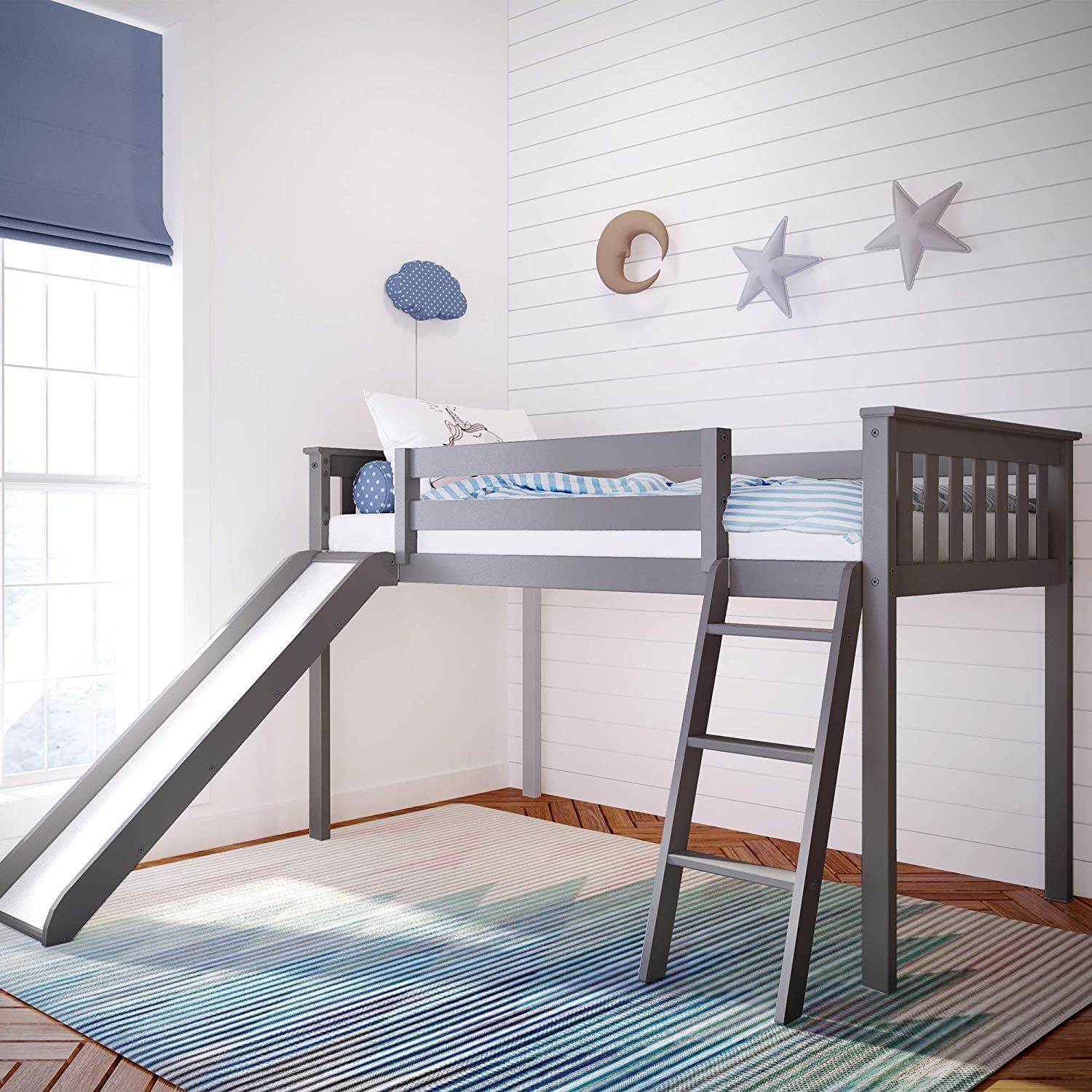 Max & Lily Twin Size Low Loft Bed with Slide and Stairs, Classic Solid Wood Kids Bedroom Furniture, 400 lbs Weight Capacity, 14" Safety Guardrail, Anti-Slip Steps, Clay - Grand Goldman