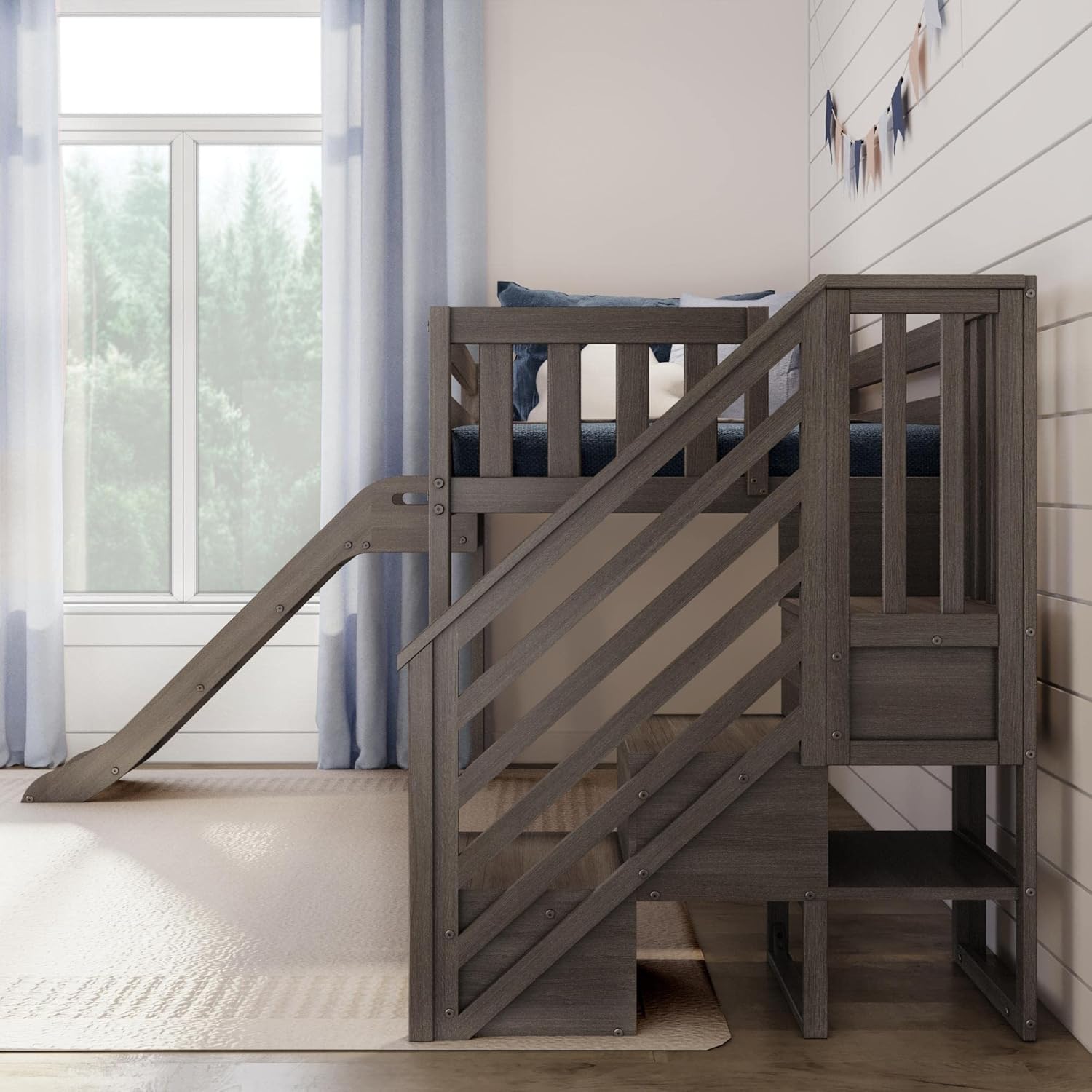 Max & Lily Twin Size Low Loft Bed with Slide and Stairs, Classic Solid Wood Kids Bedroom Furniture, 400 lbs Weight Capacity, 14" Safety Guardrail, Anti-Slip Steps, Clay - Grand Goldman