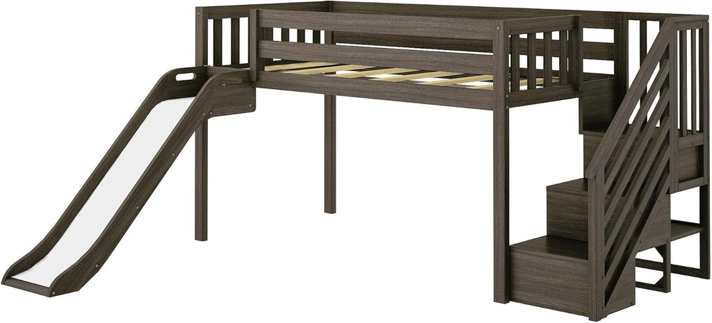 Max & Lily Twin Size Low Loft Bed with Slide and Stairs, Classic Solid Wood Kids Bedroom Furniture, 400 lbs Weight Capacity, 14" Safety Guardrail, Anti-Slip Steps, Clay - Grand Goldman