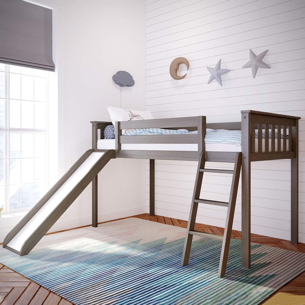 Max & Lily Twin Size Low Loft Bed with Slide and Stairs, Classic Solid Wood Kids Bedroom Furniture, 400 lbs Weight Capacity, 14" Safety Guardrail, Anti-Slip Steps, Clay - Grand Goldman