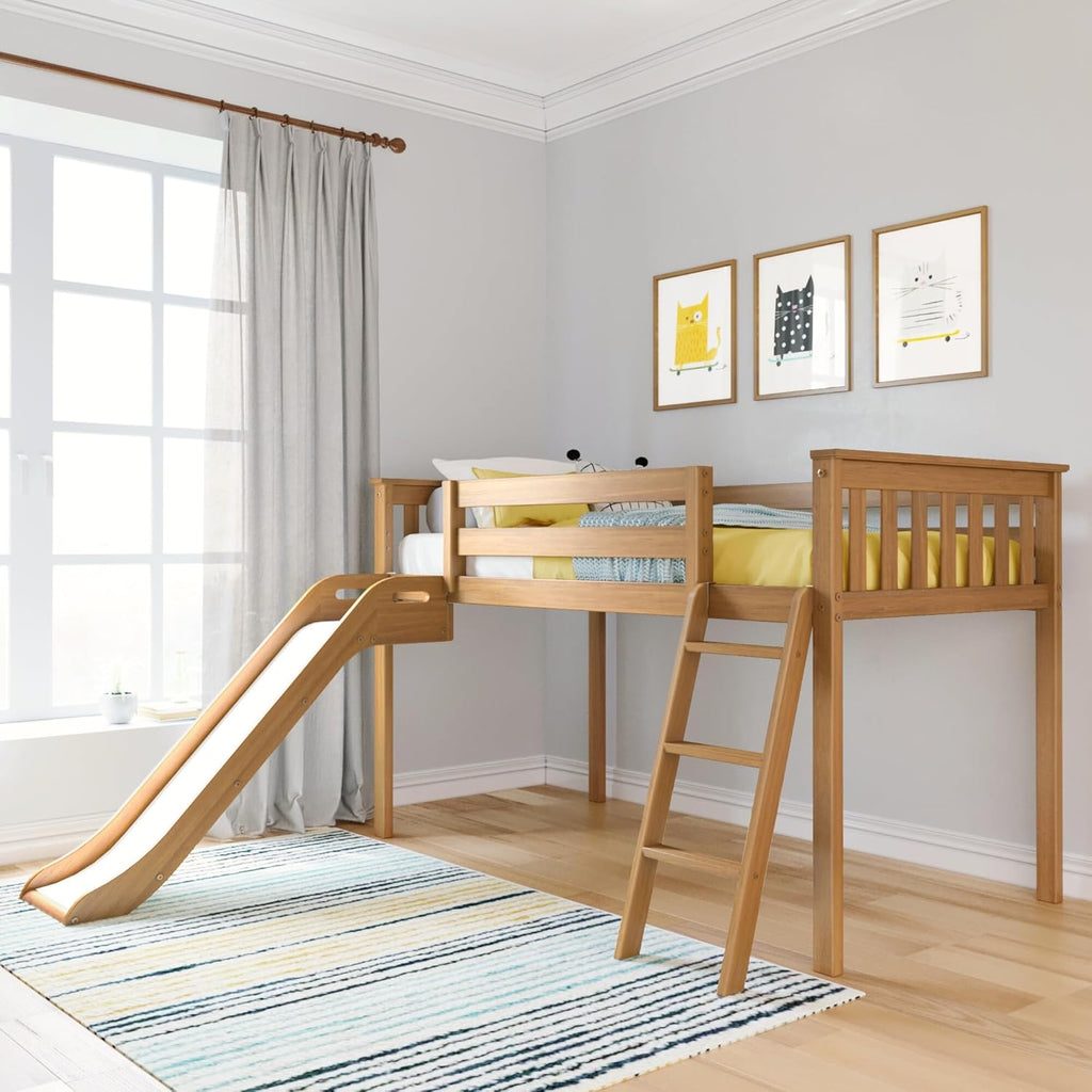 Max & Lily Twin Size Low Loft Bed with Slide and Stairs, Classic Solid Wood Kids Bedroom Furniture, 400 lbs Weight Capacity, 14" Safety Guardrail, Anti-Slip Steps, Clay - Grand Goldman