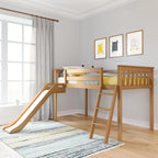 Max & Lily Twin Size Low Loft Bed with Slide and Stairs, Classic Solid Wood Kids Bedroom Furniture, 400 lbs Weight Capacity, 14" Safety Guardrail, Anti-Slip Steps, Clay - Grand Goldman