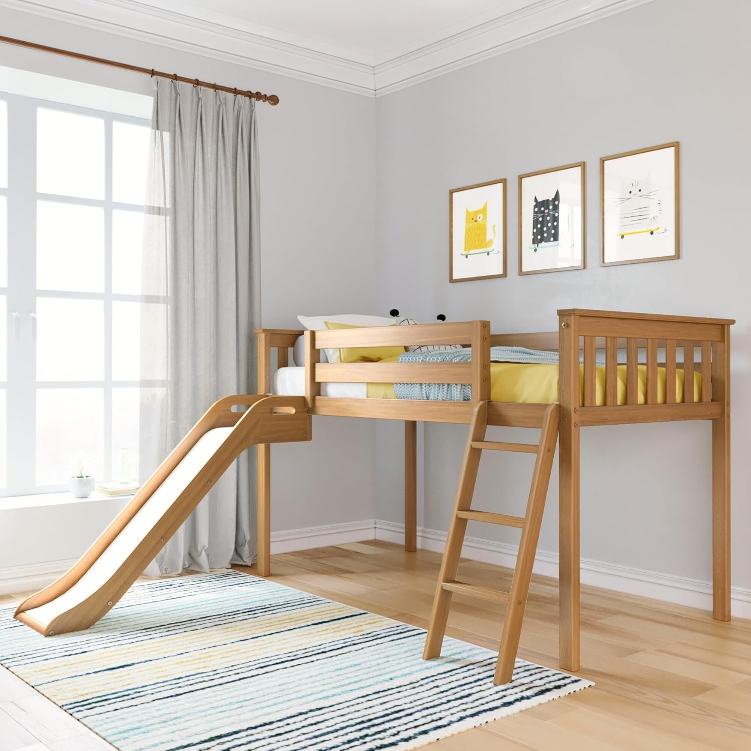 Max & Lily Twin Size Low Loft Bed with Slide and Stairs, Classic Solid Wood Kids Bedroom Furniture, 400 lbs Weight Capacity, 14" Safety Guardrail, Anti-Slip Steps, Clay - Grand Goldman