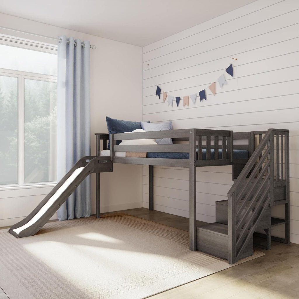 Max & Lily Twin Size Low Loft Bed with Slide and Stairs, Classic Solid Wood Kids Bedroom Furniture, 400 lbs Weight Capacity, 14" Safety Guardrail, Anti-Slip Steps, Clay - Grand Goldman