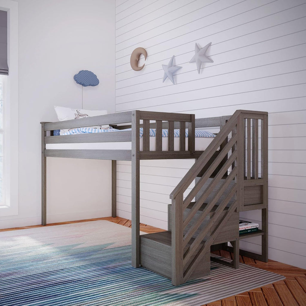 Max & Lily Twin Size Low Loft Bed with Slide and Stairs, Classic Solid Wood Kids Bedroom Furniture, 400 lbs Weight Capacity, 14" Safety Guardrail, Anti-Slip Steps, Clay - Grand Goldman
