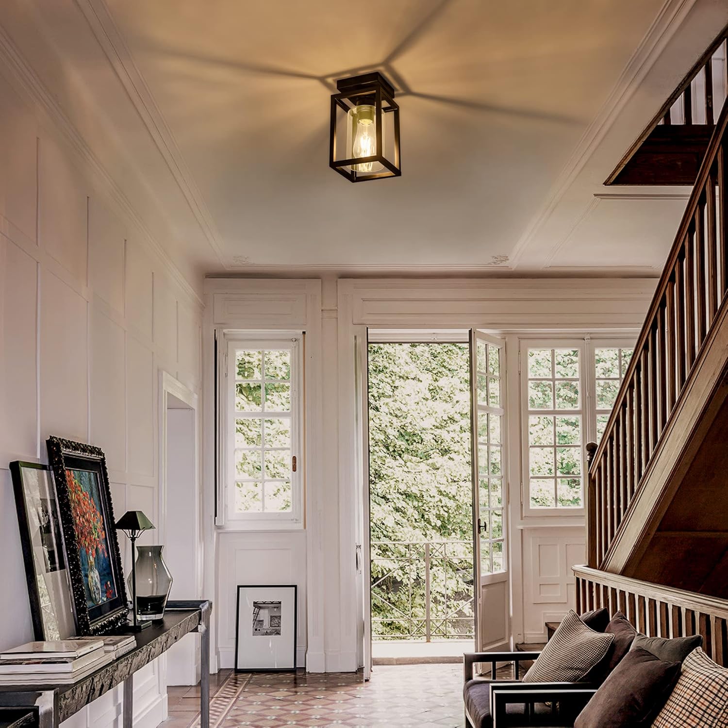 Mayful Flush Mount Ceiling Light Fixture with Clear Glass Shade, Farmhouse Black Metal Frame Light Fixture for Kitchen Island Entryway Porch Foyer Dining Room, E26 Ceramic Base - Grand Goldman