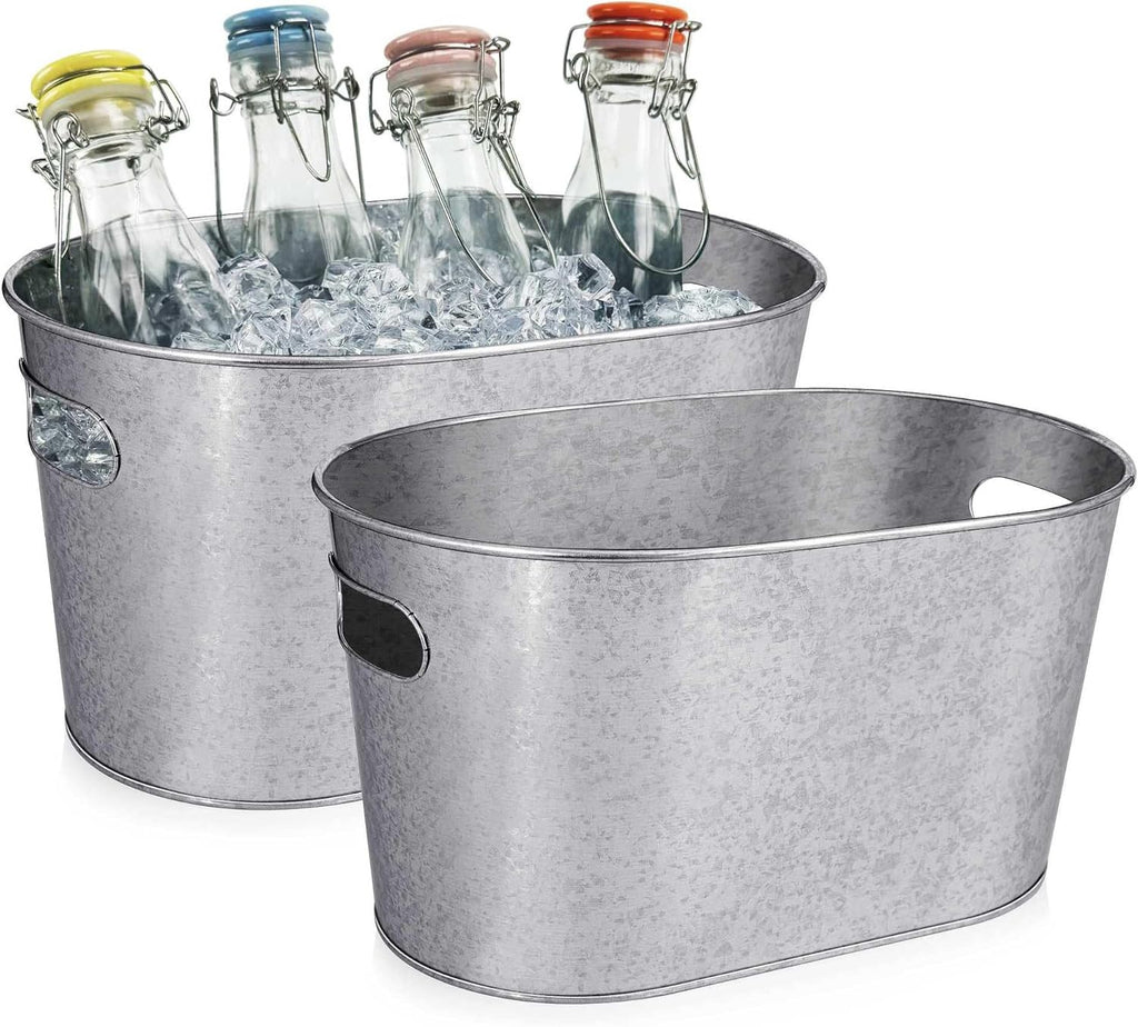 Medium Size 5-Quart Galvanized Metal Tin Tub for Beverages, Beer Bottles, Planters and Décor - Lightweight and Durable - 12x8x6.5 inches (Pack of 2) - Grand Goldman