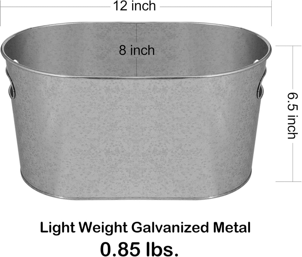 Medium Size 5-Quart Galvanized Metal Tin Tub for Beverages, Beer Bottles, Planters and Décor - Lightweight and Durable - 12x8x6.5 inches (Pack of 2) - Grand Goldman