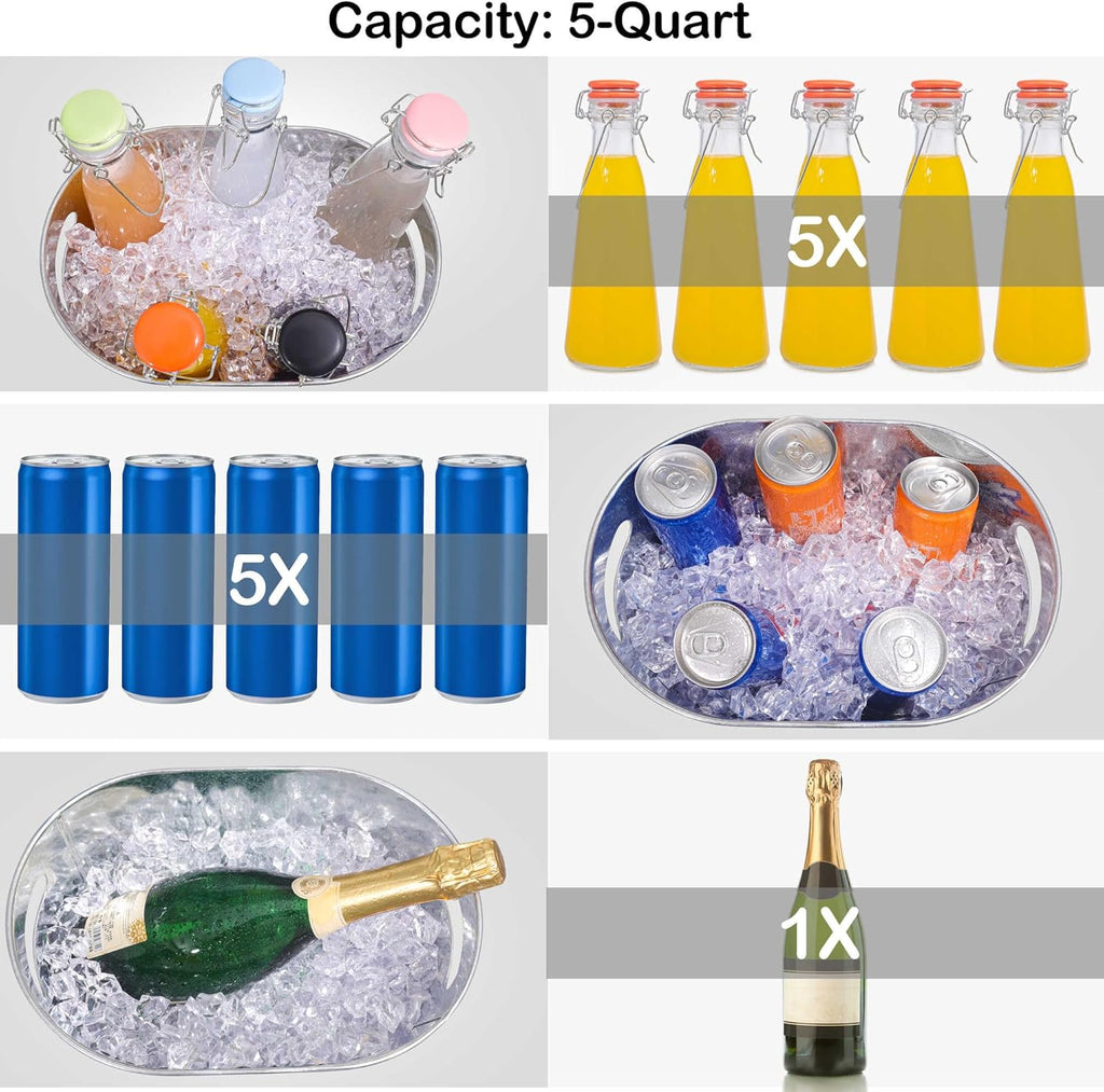 Medium Size 5-Quart Galvanized Metal Tin Tub for Beverages, Beer Bottles, Planters and Décor - Lightweight and Durable - 12x8x6.5 inches (Pack of 2) - Grand Goldman