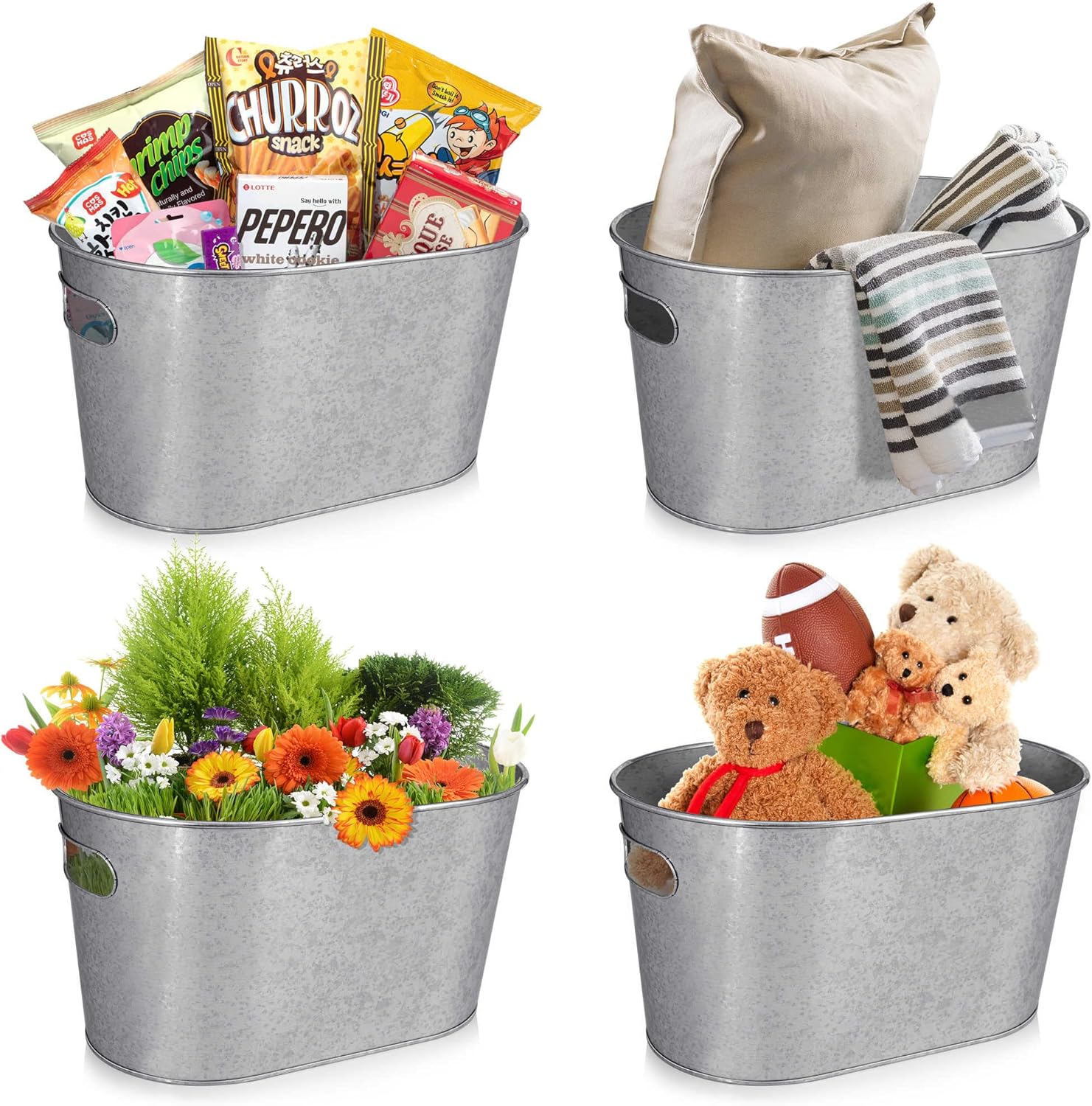 Medium Size 5-Quart Galvanized Metal Tin Tub for Beverages, Beer Bottles, Planters and Décor - Lightweight and Durable - 12x8x6.5 inches (Pack of 2) - Grand Goldman