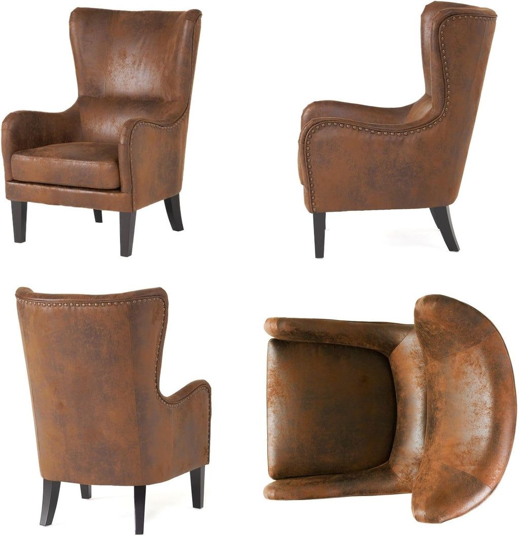 Merax 2Pcs Club Accent Upholstered Wingback Chair with High-Back, Mid-Century Modern Arm Reading Lounge Lazy Side Sofa Seating for Living Room, Corner, Bedroom, Dorm, Retro Cowboy, Brown - Grand Goldman