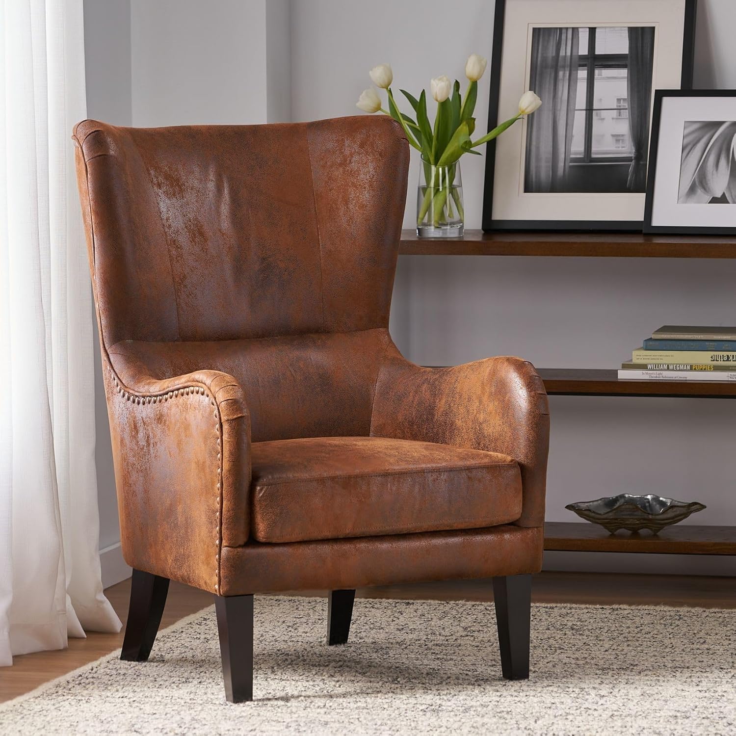 Merax 2Pcs Club Accent Upholstered Wingback Chair with High-Back, Mid-Century Modern Arm Reading Lounge Lazy Side Sofa Seating for Living Room, Corner, Bedroom, Dorm, Retro Cowboy, Brown - Grand Goldman
