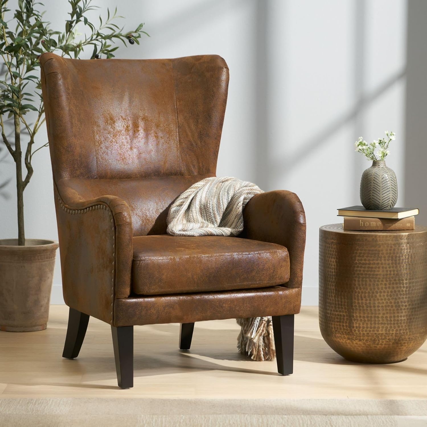 Merax 2Pcs Club Accent Upholstered Wingback Chair with High-Back, Mid-Century Modern Arm Reading Lounge Lazy Side Sofa Seating for Living Room, Corner, Bedroom, Dorm, Retro Cowboy, Brown - Grand Goldman