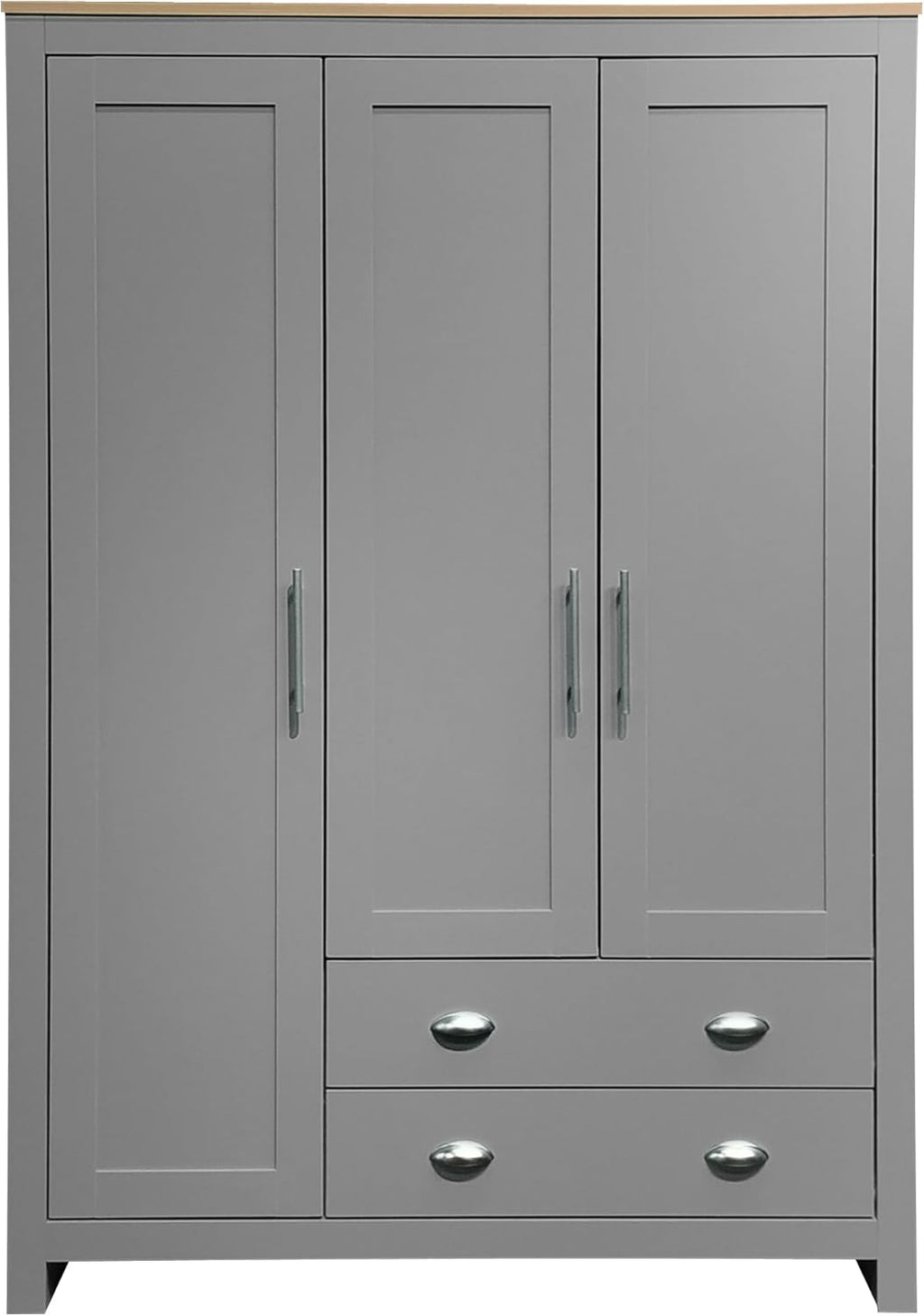Merax 3 Doors Grey Wood Wardrobe Cabinets, Bedroom Accent Armoire Closet Organizer with Big Drawers, Hanging Rails and Shelve, Functional Clothes Storage Cabinet for Home Room, Dorm, Apartment, Gray - Grand Goldman