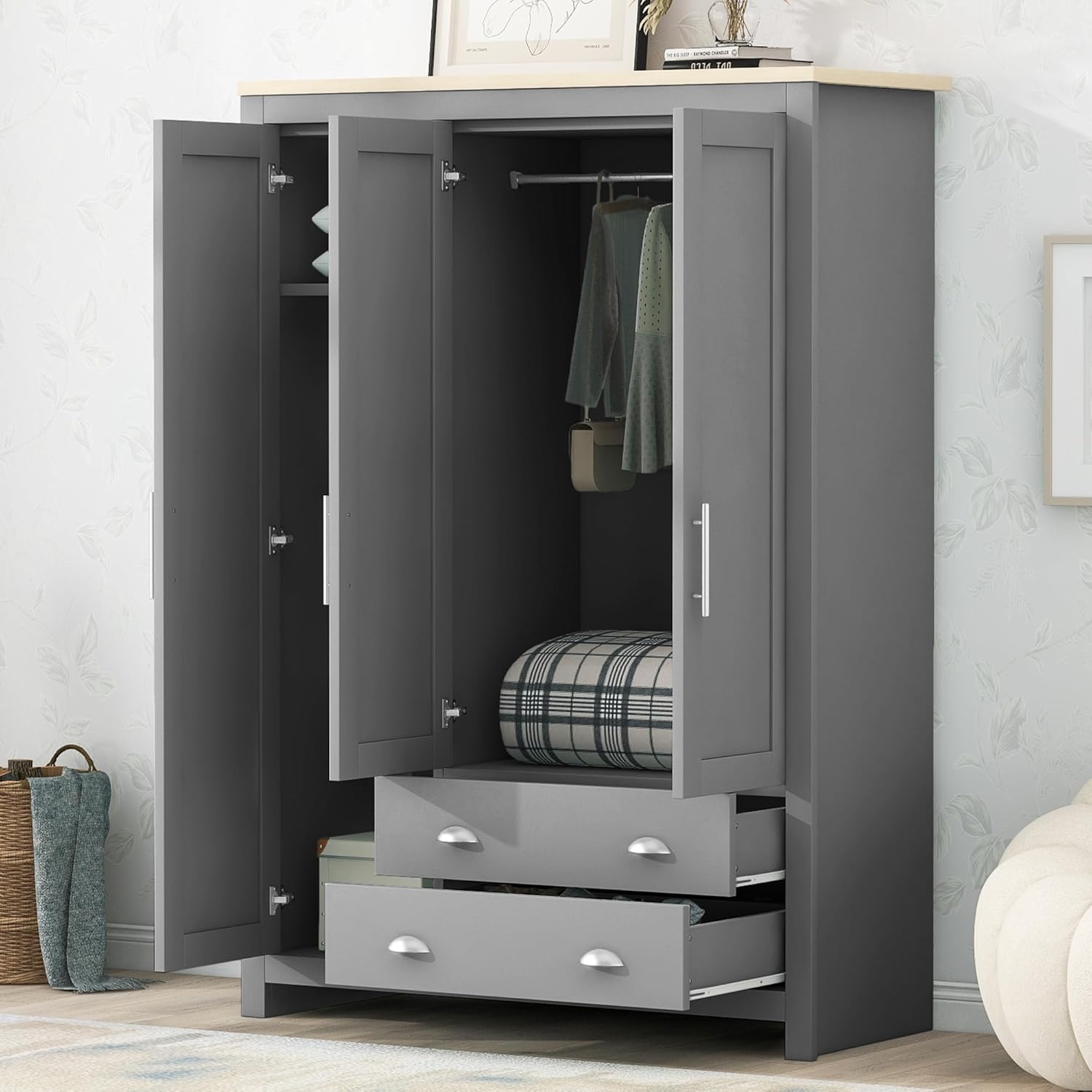 Merax 3 Doors Grey Wood Wardrobe Cabinets, Bedroom Accent Armoire Closet Organizer with Big Drawers, Hanging Rails and Shelve, Functional Clothes Storage Cabinet for Home Room, Dorm, Apartment, Gray - Grand Goldman
