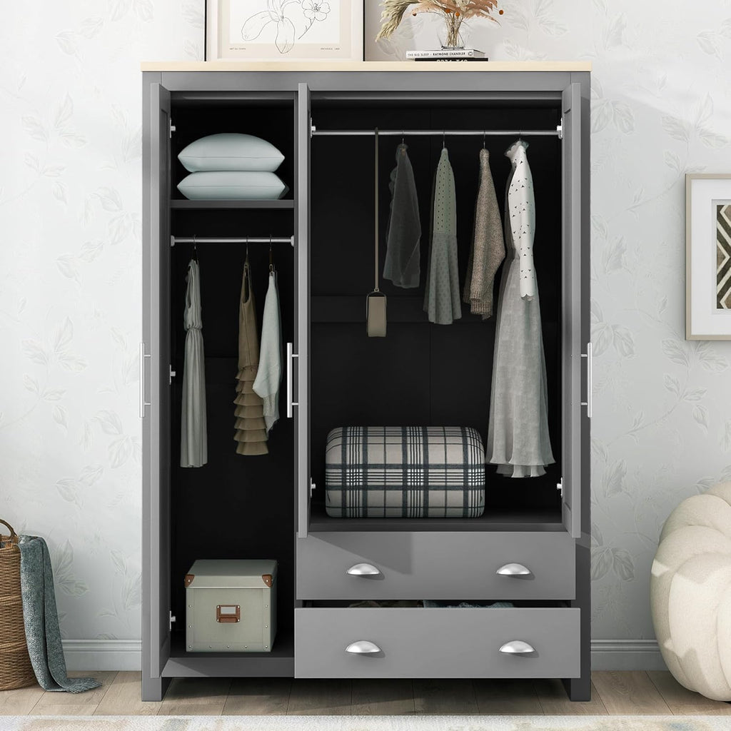 Merax 3 Doors Grey Wood Wardrobe Cabinets, Bedroom Accent Armoire Closet Organizer with Big Drawers, Hanging Rails and Shelve, Functional Clothes Storage Cabinet for Home Room, Dorm, Apartment, Gray - Grand Goldman