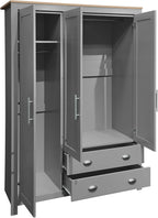Merax 3 Doors Grey Wood Wardrobe Cabinets, Bedroom Accent Armoire Closet Organizer with Big Drawers, Hanging Rails and Shelve, Functional Clothes Storage Cabinet for Home Room, Dorm, Apartment, Gray - Grand Goldman