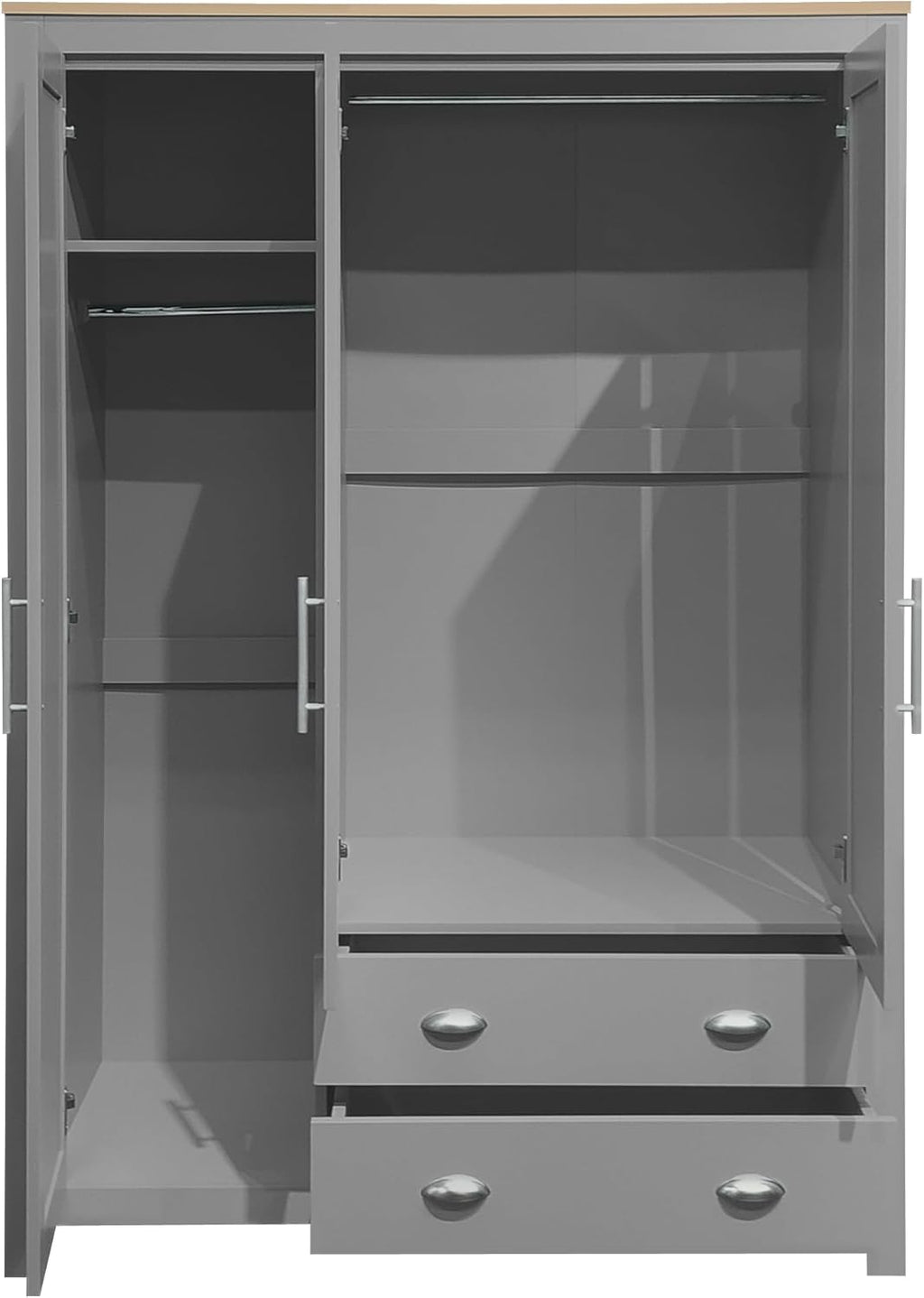 Merax 3 Doors Grey Wood Wardrobe Cabinets, Bedroom Accent Armoire Closet Organizer with Big Drawers, Hanging Rails and Shelve, Functional Clothes Storage Cabinet for Home Room, Dorm, Apartment, Gray - Grand Goldman