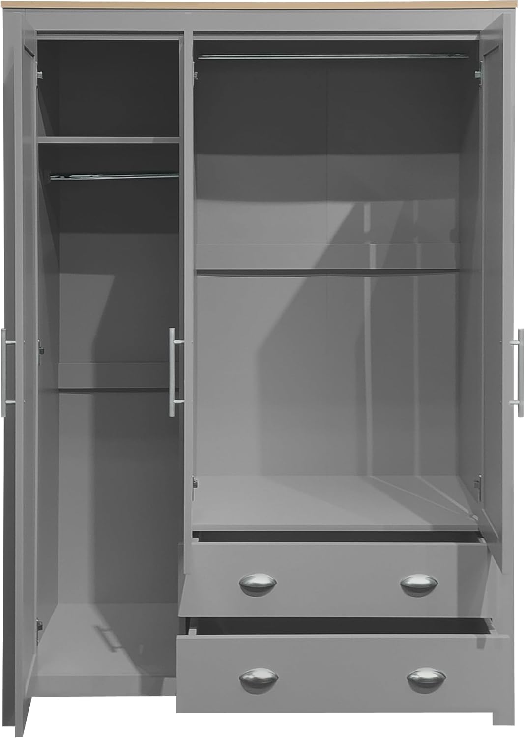 Merax 3 Doors Grey Wood Wardrobe Cabinets, Bedroom Accent Armoire Closet Organizer with Big Drawers, Hanging Rails and Shelve, Functional Clothes Storage Cabinet for Home Room, Dorm, Apartment, Gray - Grand Goldman