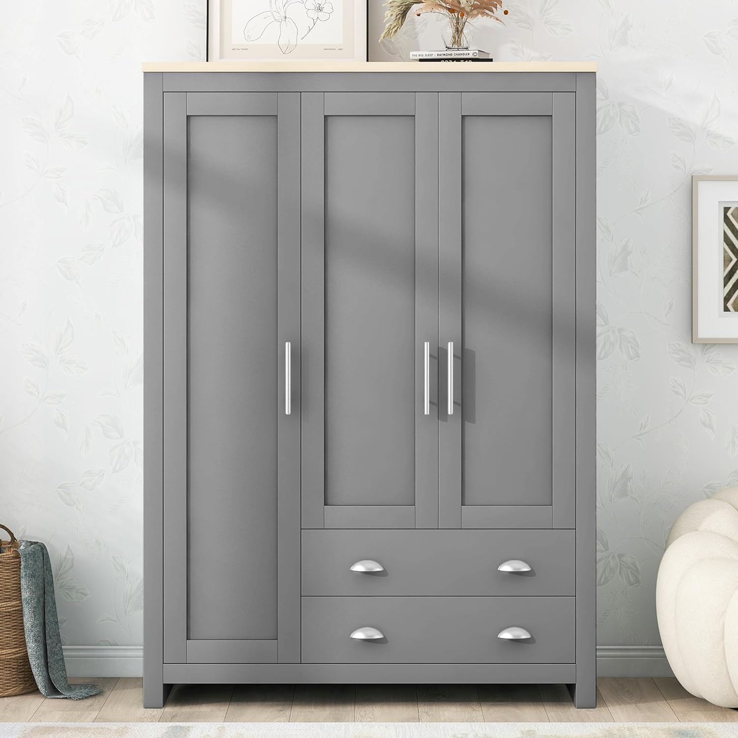 Merax 3 Doors Grey Wood Wardrobe Cabinets, Bedroom Accent Armoire Closet Organizer with Big Drawers, Hanging Rails and Shelve, Functional Clothes Storage Cabinet for Home Room, Dorm, Apartment, Gray - Grand Goldman