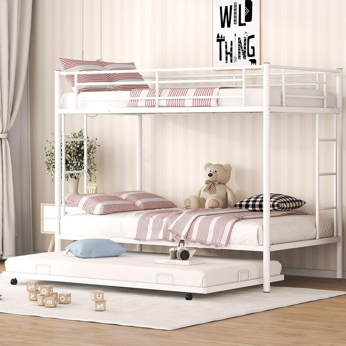 Merax Triple Bunk Beds, Twin Over Full Bunk Bed with Trundle,Sturdy Steel Bunk Beds Frame for 3 Kids/Teens with Two Side Ladders and Safety Guard Rail,White Color - Grand Goldman