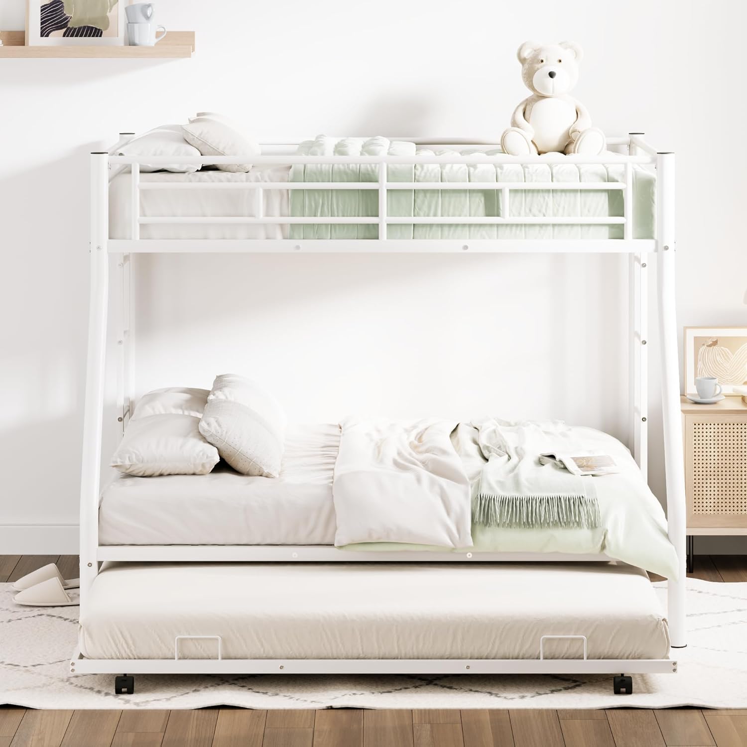 Merax Triple Bunk Beds, Twin Over Full Bunk Bed with Trundle,Sturdy Steel Bunk Beds Frame for 3 Kids/Teens with Two Side Ladders and Safety Guard Rail,White Color - Grand Goldman